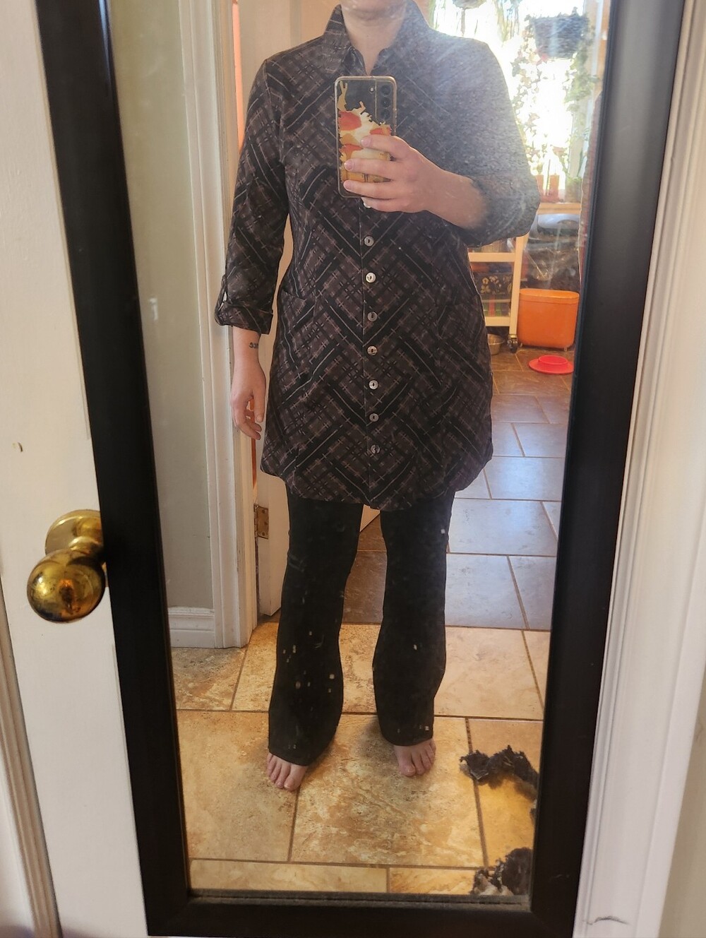 Blue Sky Black Brown Plaid Button Down Charlie Tunic